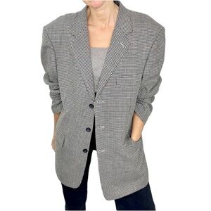 Wool Silk black white red check houndstooth oversized blazer 42